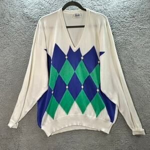 VTG Pringle of Scotland Men's XL 100% Cotton Sweater Argyle‎ Pattern V-Neck Golf